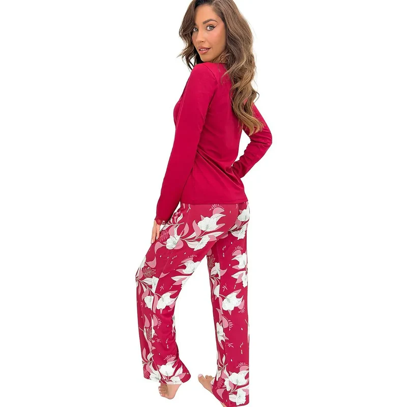 Pyjama femme élégant bordeaux dentelle floral confort viscose élasthanne