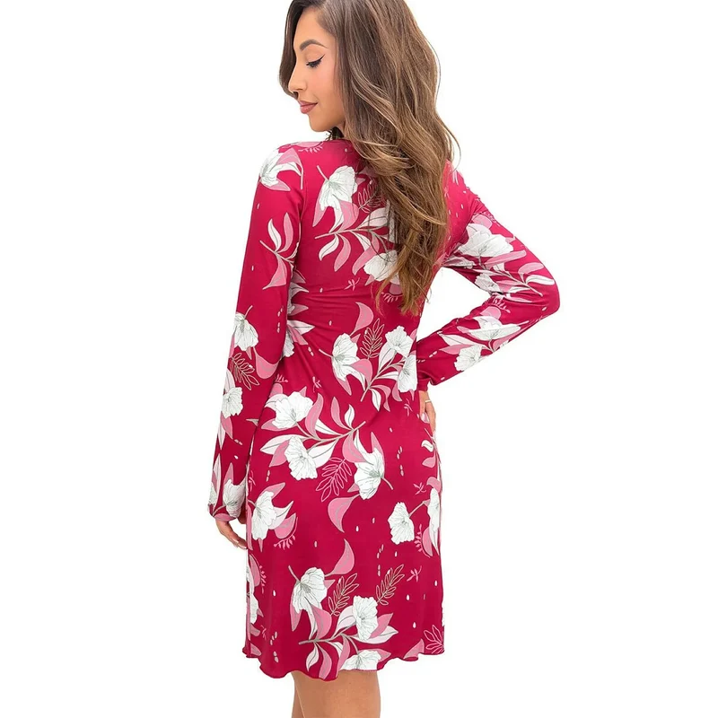 Chemise de nuit élégante confort dentelle manches longues floral viscose femme