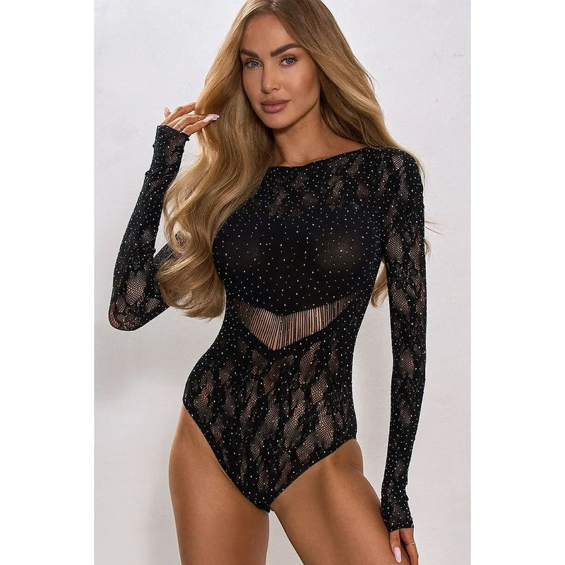 Body dentelle noir luxe cristaux brillants femme élégante soirée SILVER NIGHT
