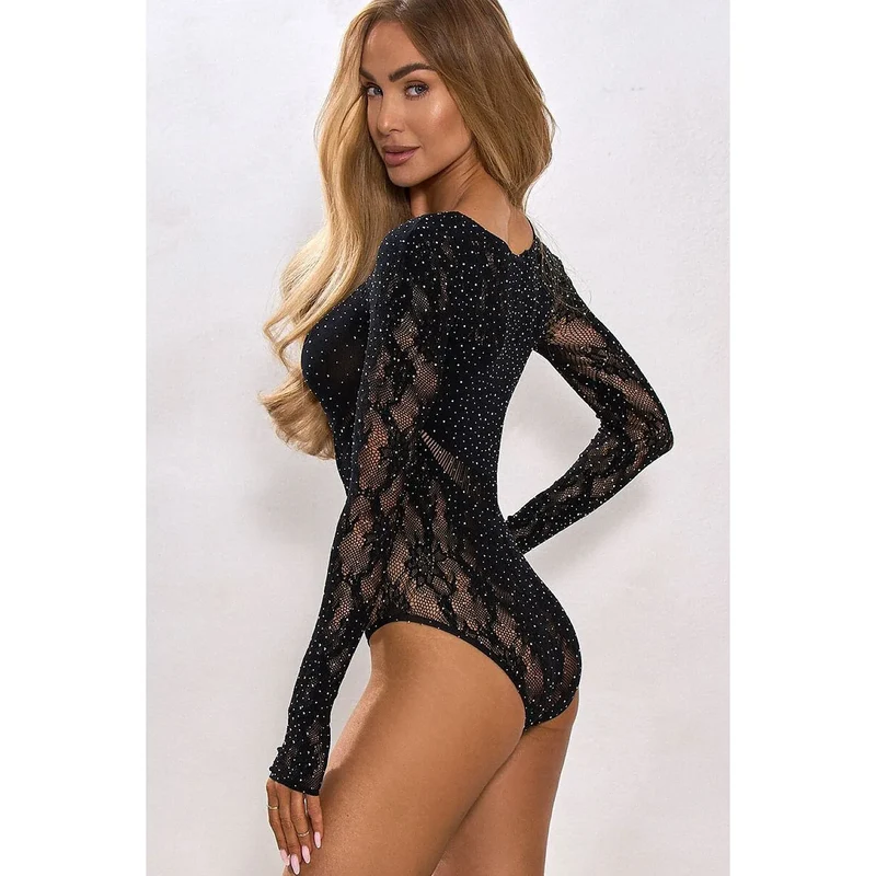 Body dentelle noir luxe cristaux brillants femme élégante soirée SILVER NIGHT