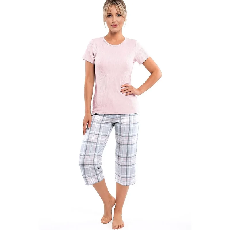 Pyjama femmes coton 100% respirant confortable manches courtes pantalon 3/4