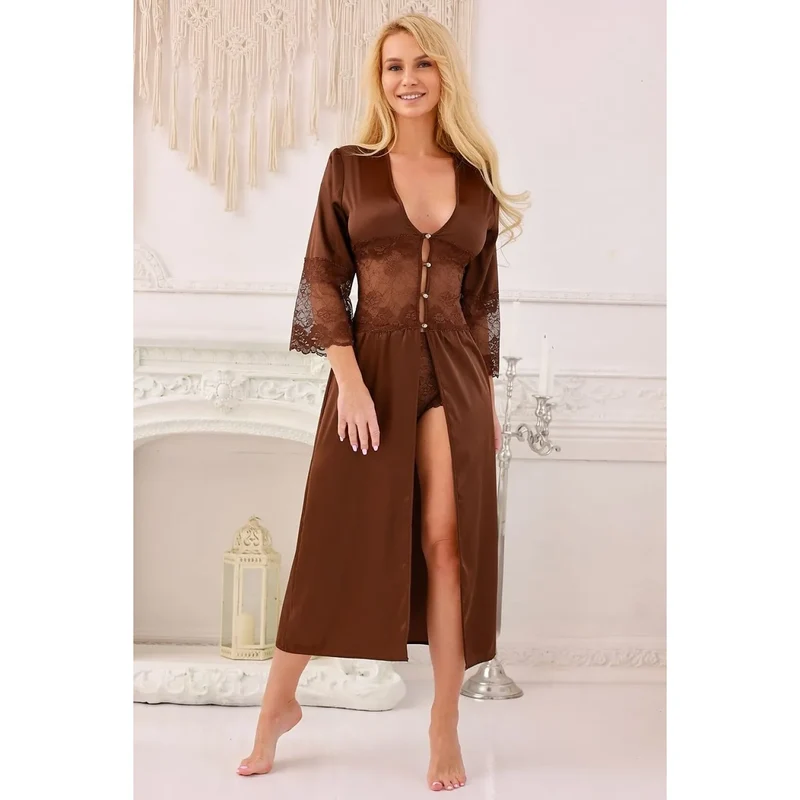 Ensemble peignoir satin dentelle boutons verre romantique Kalimo