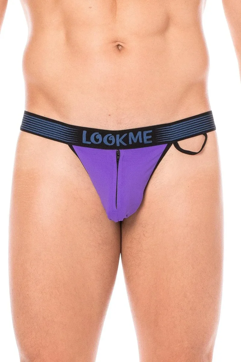 slip violet échancré confort maintien large bande élastique noire marquée fermeture éclair avant sécurité intérieure anneau côté tissu polyamide élasthanne