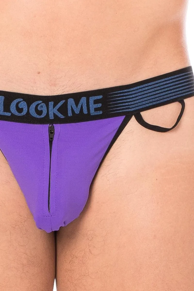 slip violet échancré confort maintien large bande élastique noire marquée fermeture éclair avant sécurité intérieure anneau côté tissu polyamide élasthanne
