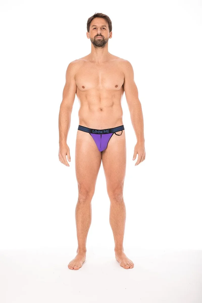slip violet échancré confort maintien large bande élastique noire marquée fermeture éclair avant sécurité intérieure anneau côté tissu polyamide élasthanne