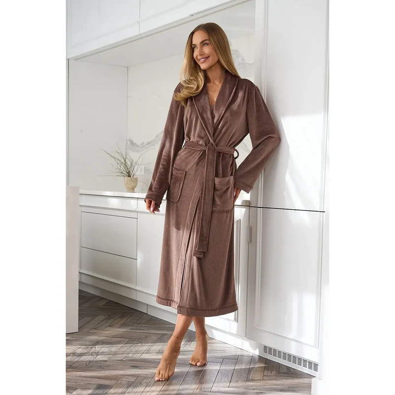 Peignoir élégant pour femmes L&L collection 219328 longueur sous genou confortable côtelé poches ceinture polyester cadeau intime bien-être détente
