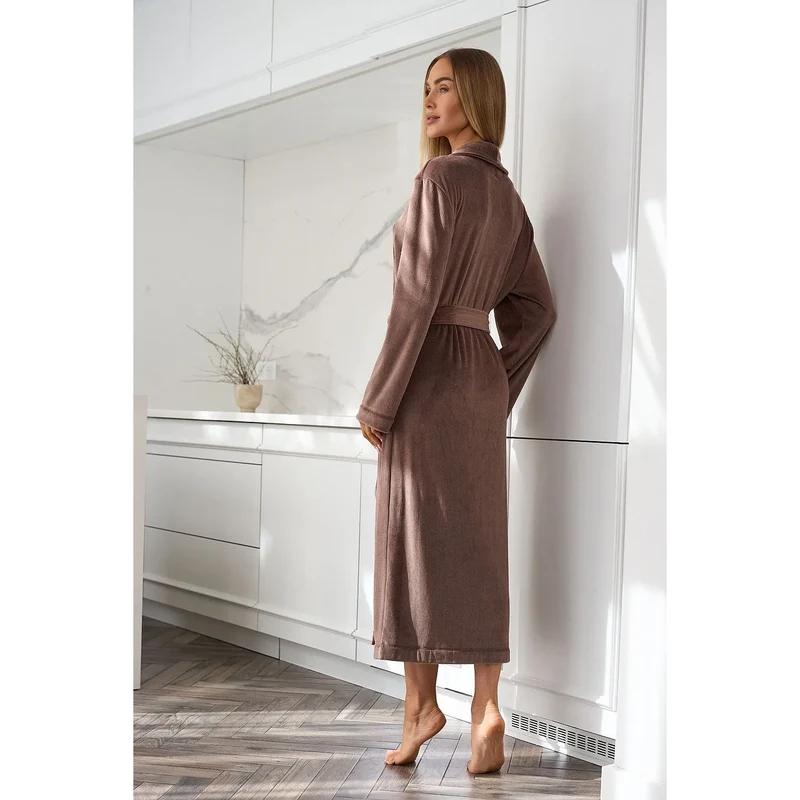 Peignoir élégant pour femmes L&L collection 219328 longueur sous genou confortable côtelé poches ceinture polyester cadeau intime bien-être détente