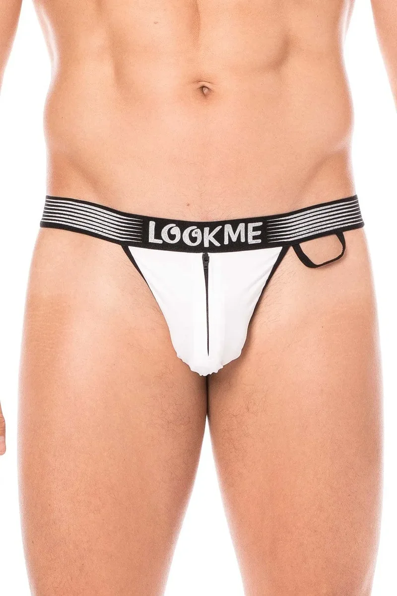 Slip Blanc Échancré Confortable Bande Élastique Noire Lettrage Fermeture Éclair Avant Sécurisée Anneau Tissu Côté Polyamide Elasthanne Élégant