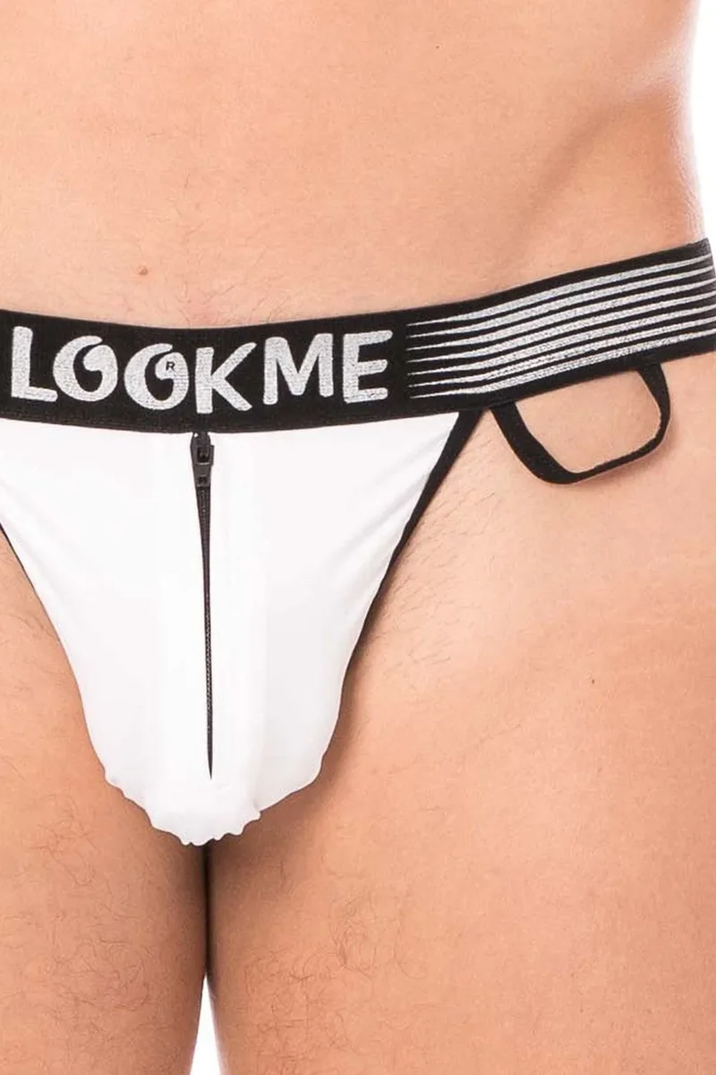 Slip Blanc Échancré Confortable Bande Élastique Noire Lettrage Fermeture Éclair Avant Sécurisée Anneau Tissu Côté Polyamide Elasthanne Élégant