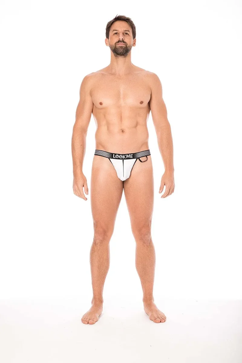 Slip Blanc Échancré Confortable Bande Élastique Noire Lettrage Fermeture Éclair Avant Sécurisée Anneau Tissu Côté Polyamide Elasthanne Élégant