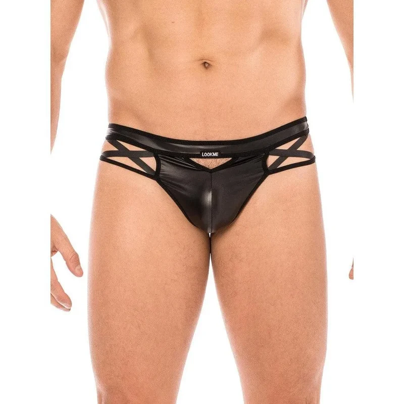 String Homme Sexy Noir Similicuir Lanières Croisées Ficelle Ajustable Confortable Extensible Durable Elasthanne Polyester Séduisant Sombre Audacieux