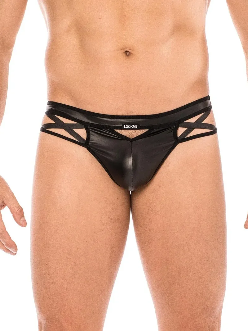 String Homme Sexy Noir Similicuir Lanières Croisées Ficelle Ajustable Confortable Extensible Durable Elasthanne Polyester Séduisant Sombre Audacieux