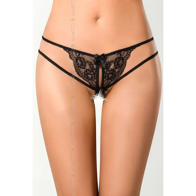 string érotique dentelle noire ouverture frontale audacieuse motifs floraux délicats bordures élastiques finition brillante petit nœud décoratif silhouette sensuelle confortable