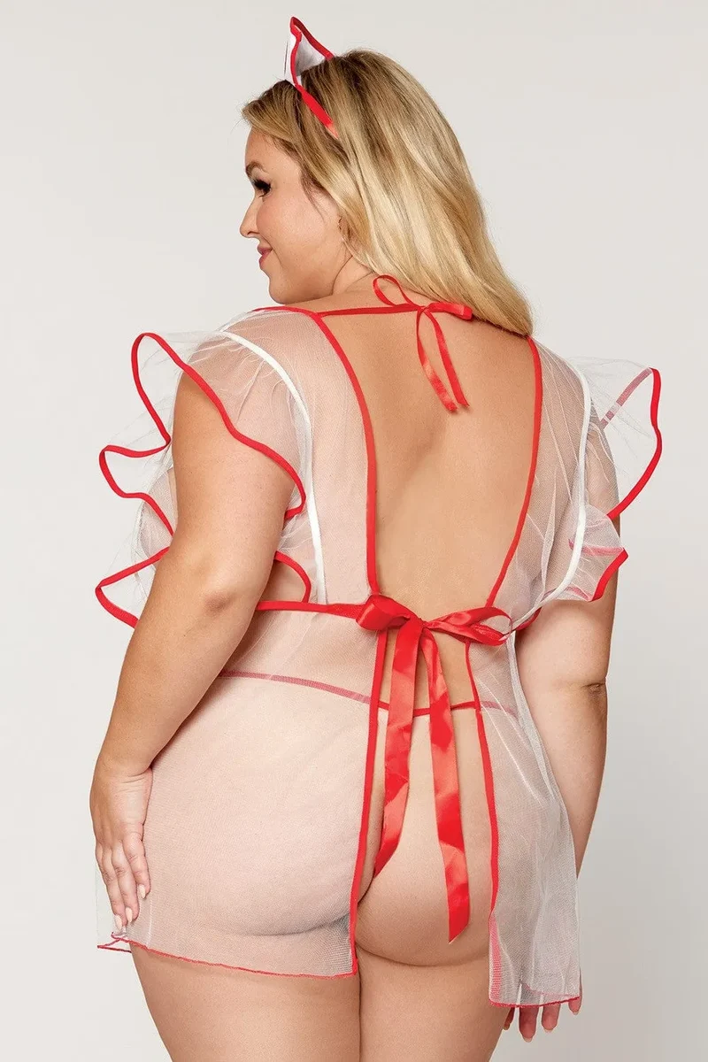 costume infirmière sexy grande taille résille transparente manches courtes décolleté plongeant dos ouvert satin noué bonnet cachemamelons croix rouges string