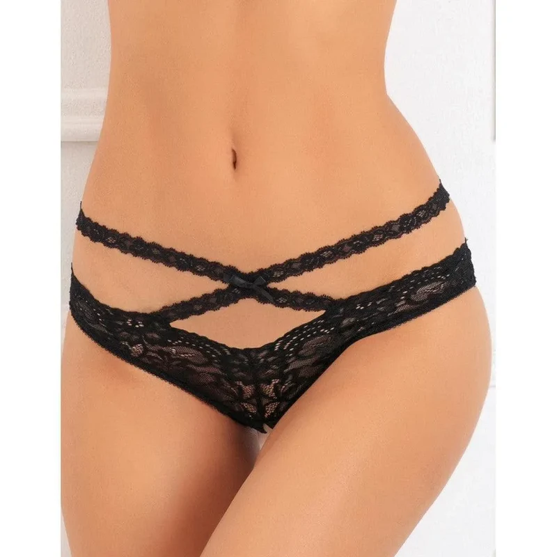Tanga noir femme dentelle fine douce confortable sexy élégante ornements croisés devant derrière ouverture entrejambe discrète nylon elasthanne séduisant