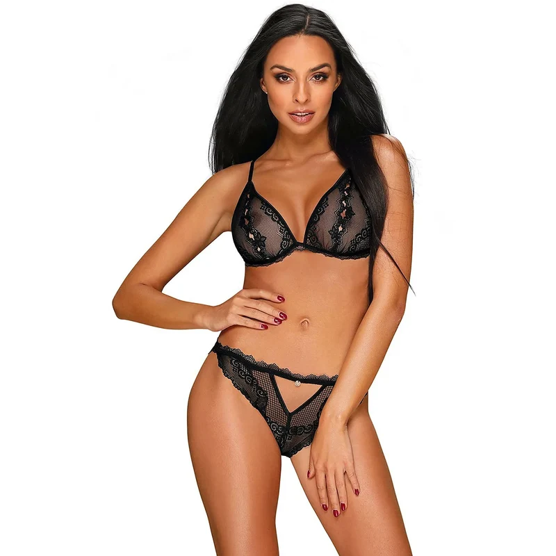 L'ensemble sexy Obsessive model 155821 dentelle noire transparence motif floral lingerie érotique soutien-gorge triangle culotte audacieuse