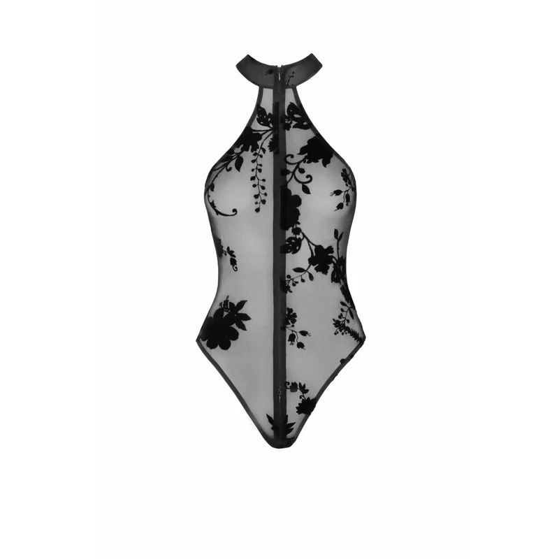 combinaison licou maille floquée fleurs sauvages dos nu fermeture éclair discrète élastique imprimé brillant noir élégant séduisant sensuel taille multiple