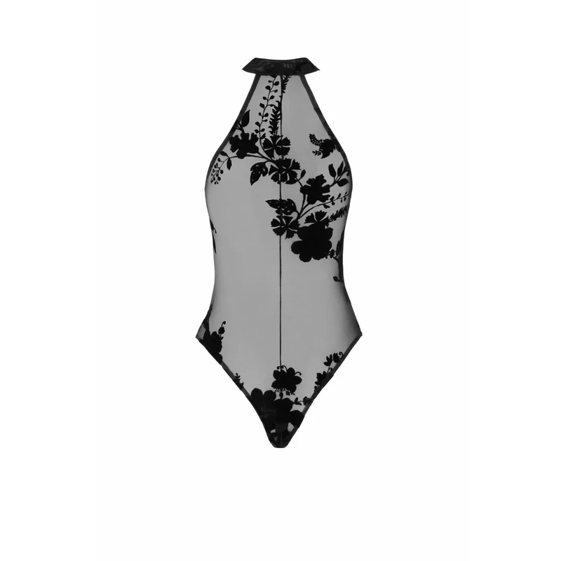 combinaison licou maille floquée fleurs sauvages dos nu fermeture éclair discrète élastique imprimé brillant noir élégant séduisant sensuel taille multiple