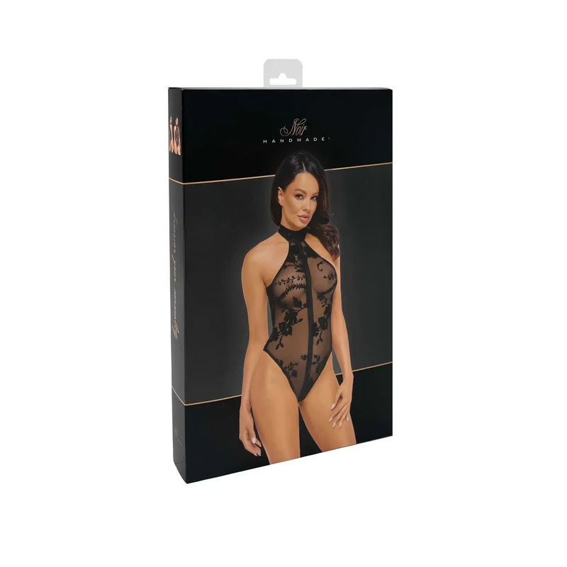combinaison licou maille floquée fleurs sauvages dos nu fermeture éclair discrète élastique imprimé brillant noir élégant séduisant sensuel taille multiple
