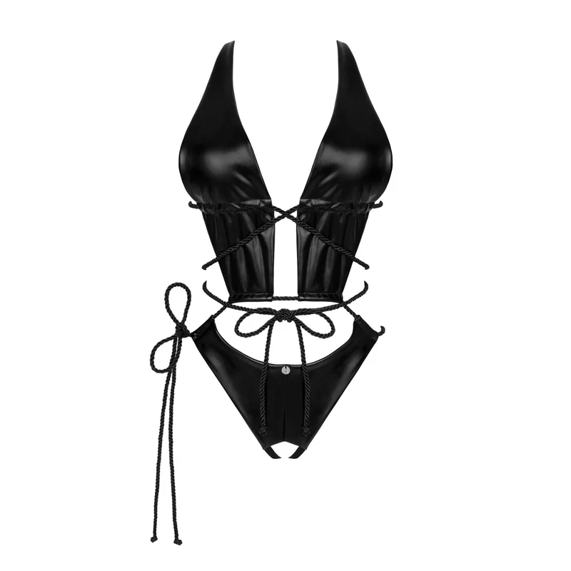 Body ouvert Cordellis noir effet mouillé coupe flatteuse silhouette sensuelle audacieuse brillant cordon fixations ajustables doublure douce extensible sexy glamour