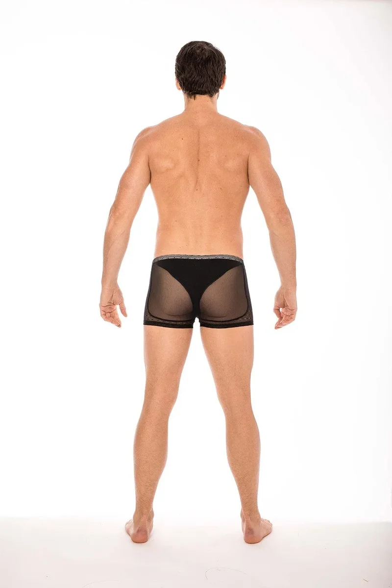 Boxer homme noir résille dentelle fine transparent élégant sexy confortable extensible polyamide spandex durable moulant respirant sensuel moderne