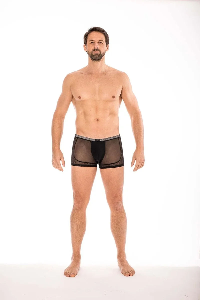 Boxer homme noir résille dentelle fine transparent élégant sexy confortable extensible polyamide spandex durable moulant respirant sensuel moderne