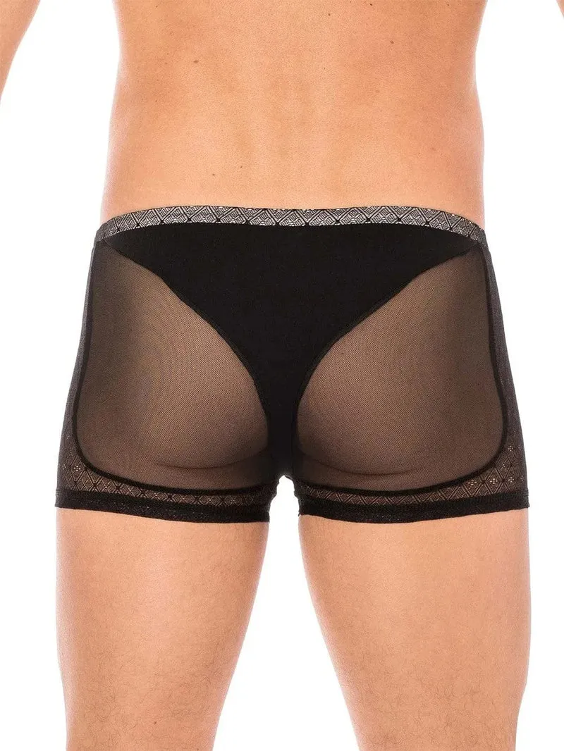 Boxer homme noir résille dentelle fine transparent élégant sexy confortable extensible polyamide spandex durable moulant respirant sensuel moderne
