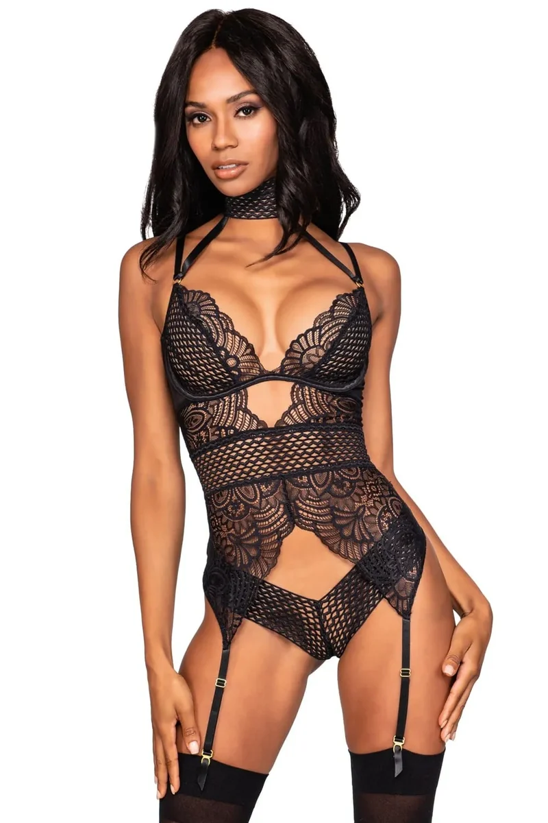 body string dentelle noire style guêpière stretch zigzag armatures bretelles réglables agrafes dos jarretelles intégrées élastiques soutien confort séduisante glamour
