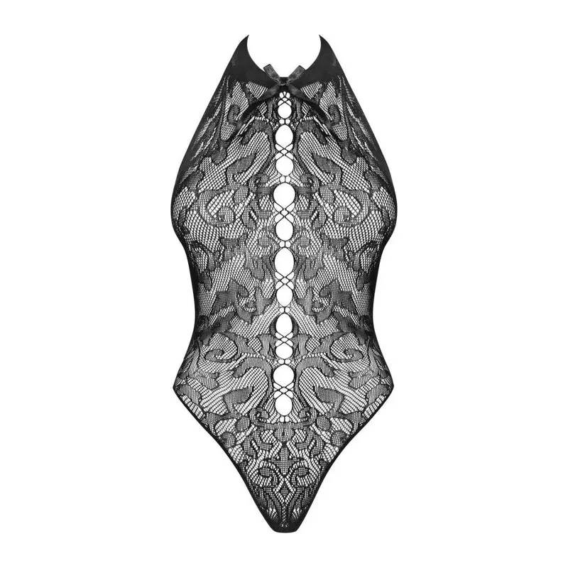 body noir imitation dentelle laçage avant effet amincissant dos nu sexy satin noeud extensible confortable élasticité nylon élasthanne durable glamour