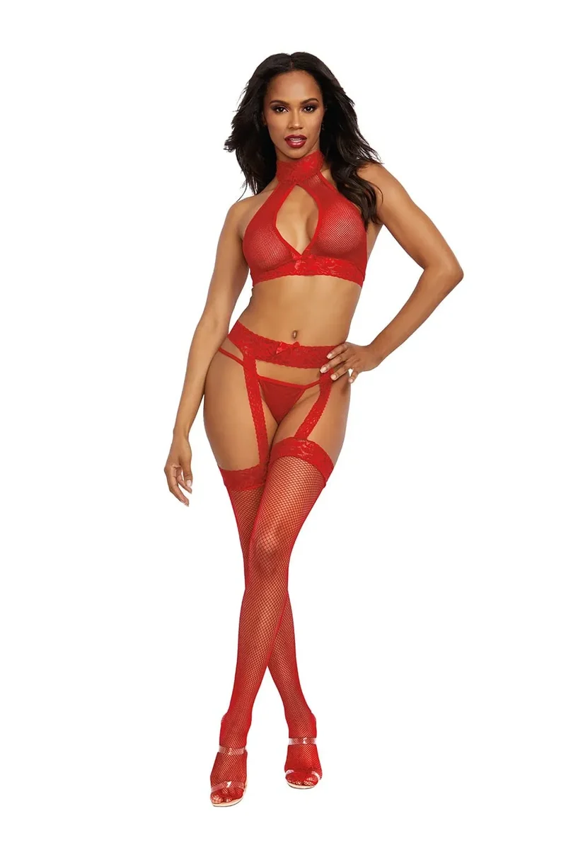 combinaison résille sexy glamour silhouette flatteuse découpe devant nouage dos encolure nu porte jarretelles taille haute ceinture dentelle bas assorti