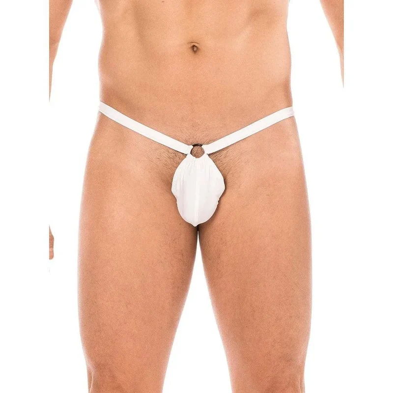 string homme sexy blanc mini poche banane anneau dessus triangle arrière élégant confortable polyamide élasthanne ajustable