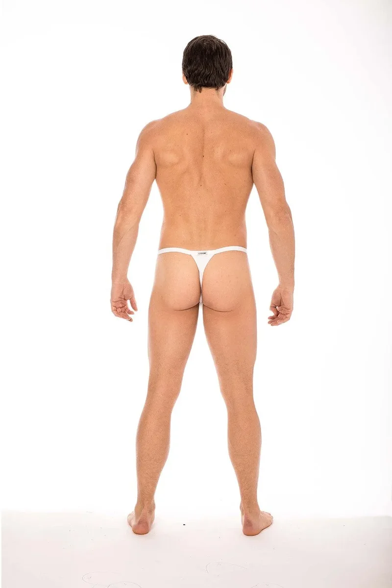 string homme sexy blanc mini poche banane anneau dessus triangle arrière élégant confortable polyamide élasthanne ajustable