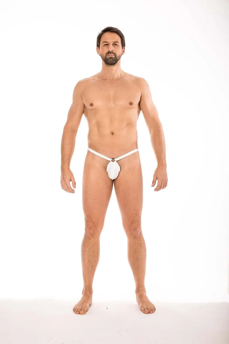 string homme sexy blanc mini poche banane anneau dessus triangle arrière élégant confortable polyamide élasthanne ajustable