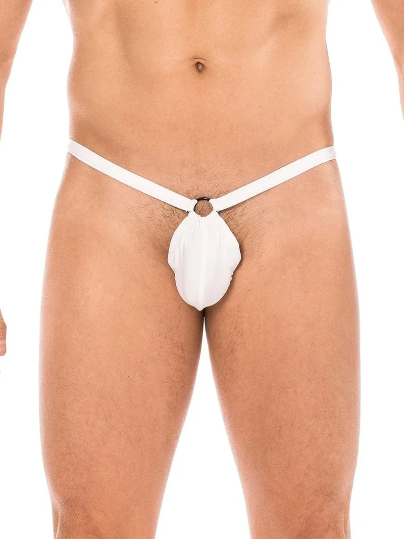 string homme sexy blanc mini poche banane anneau dessus triangle arrière élégant confortable polyamide élasthanne ajustable
