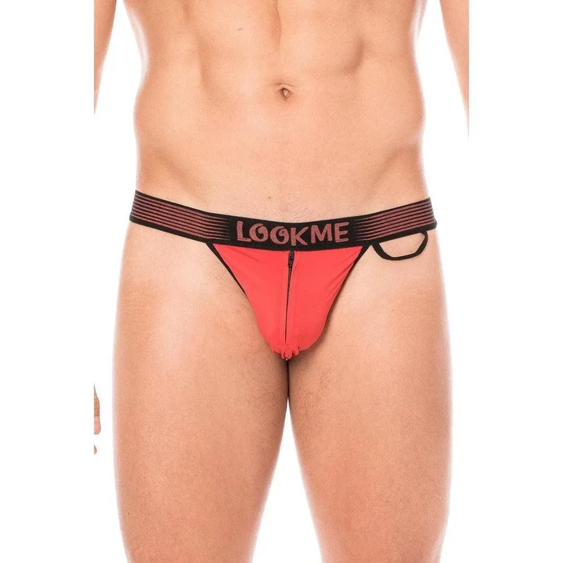 slip rouge échancré confortable fermeture éclair avant bande élastique noire lettrage anneau latéral tissu polyamide élasthanne extensible moderne séduisant urbain