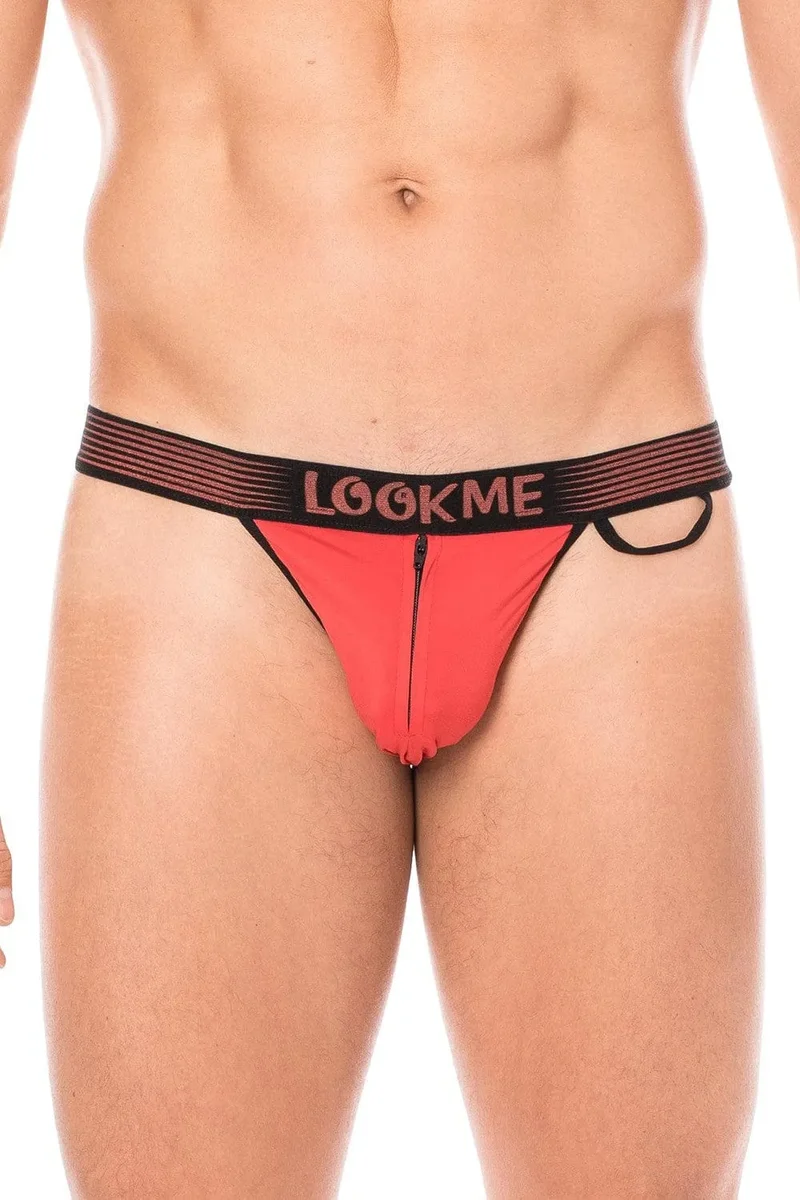 slip rouge échancré confortable fermeture éclair avant bande élastique noire lettrage anneau latéral tissu polyamide élasthanne extensible moderne séduisant urbain