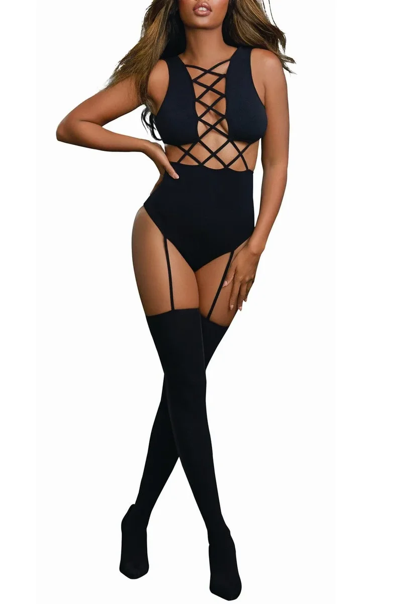 bodystocking sensuelle sexy opaque noir élégant moulant extensible confortable nylon elasthanne culottehaute jarretelles bas bolero ornements croisés tailles couleurs