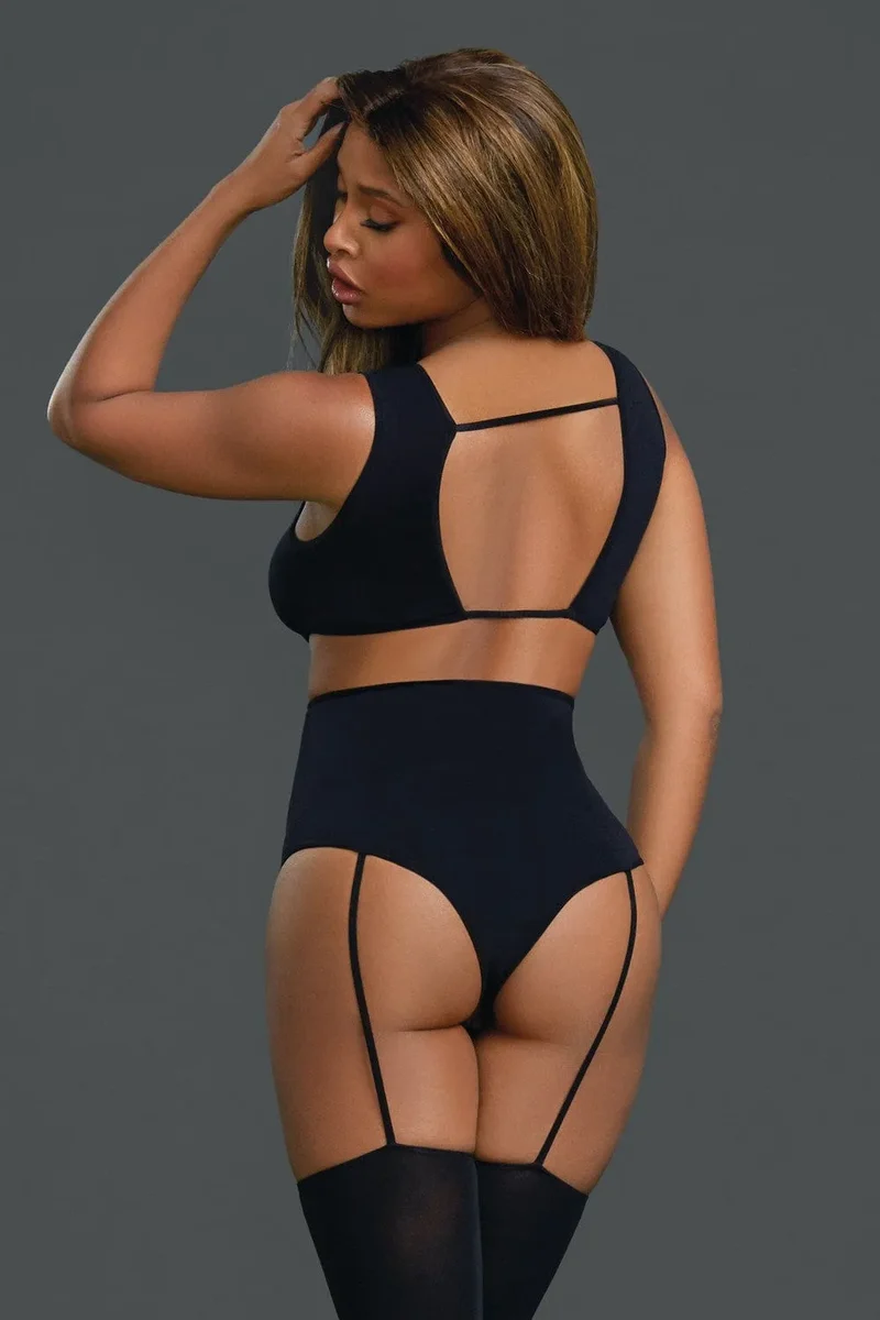 bodystocking sensuelle sexy opaque noir élégant moulant extensible confortable nylon elasthanne culottehaute jarretelles bas bolero ornements croisés tailles couleurs