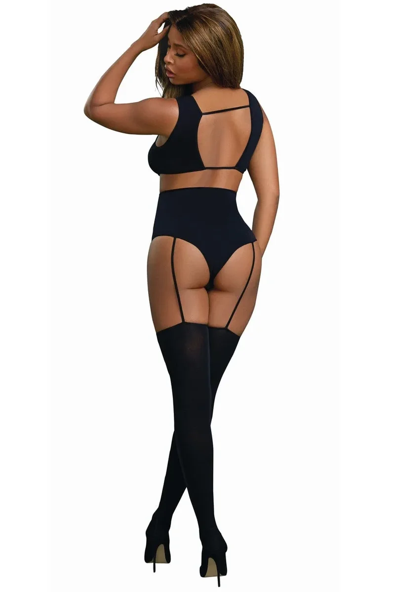 bodystocking sensuelle sexy opaque noir élégant moulant extensible confortable nylon elasthanne culottehaute jarretelles bas bolero ornements croisés tailles couleurs