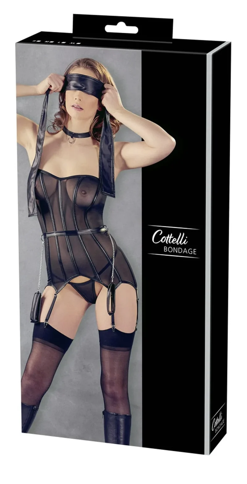 corsage bondage noir sensuel cottelli transparent armatures silhouette sculptée six bretelles réglables string assorti col sophistiqué menottes amovibles foulard élastique