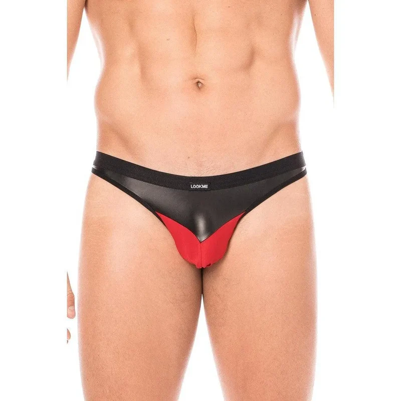 slip sexy homme tissu doux opaque très élastique pointe simili cuir arrière collection soleil noir confortable audacieux séduisant rouge
