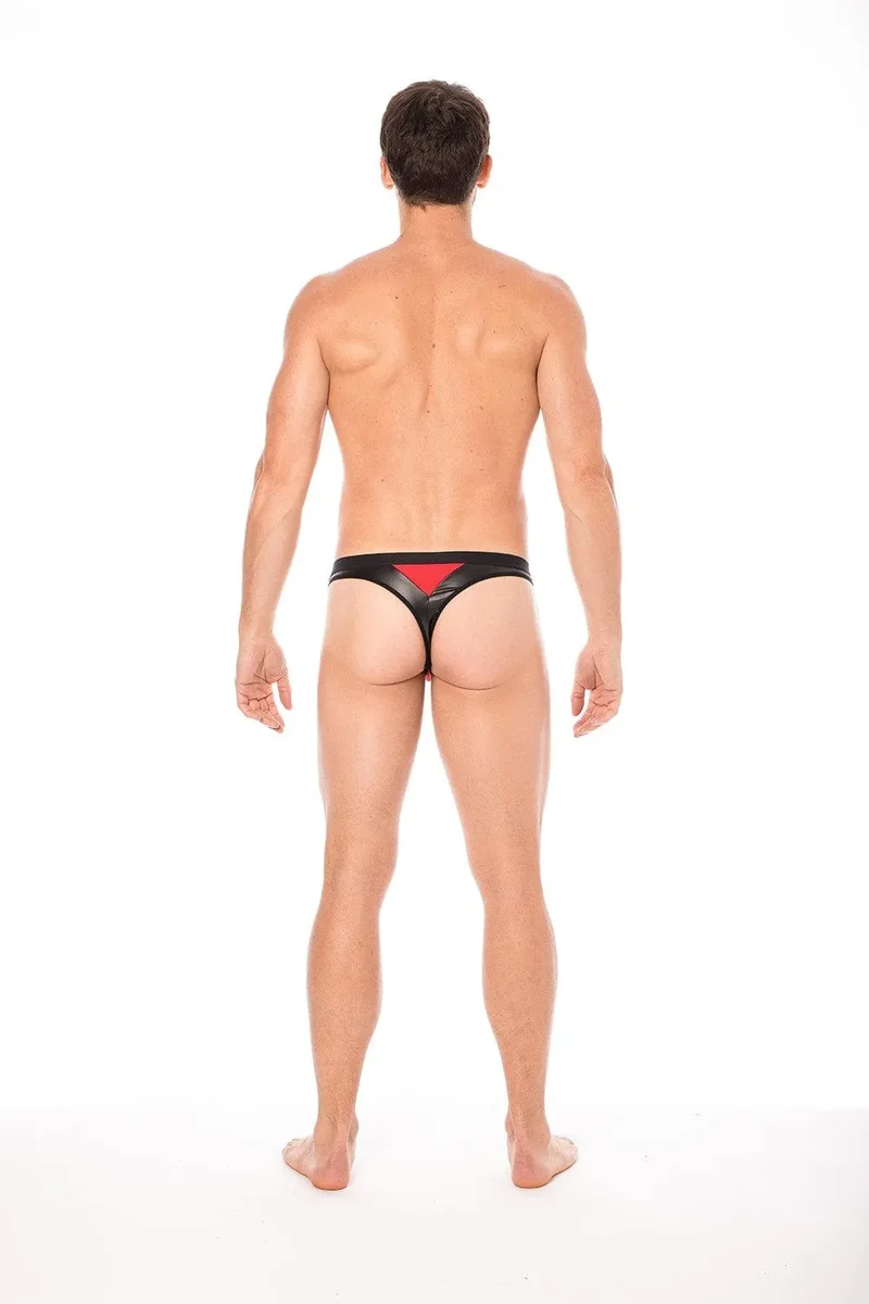 slip sexy homme tissu doux opaque très élastique pointe simili cuir arrière collection soleil noir confortable audacieux séduisant rouge