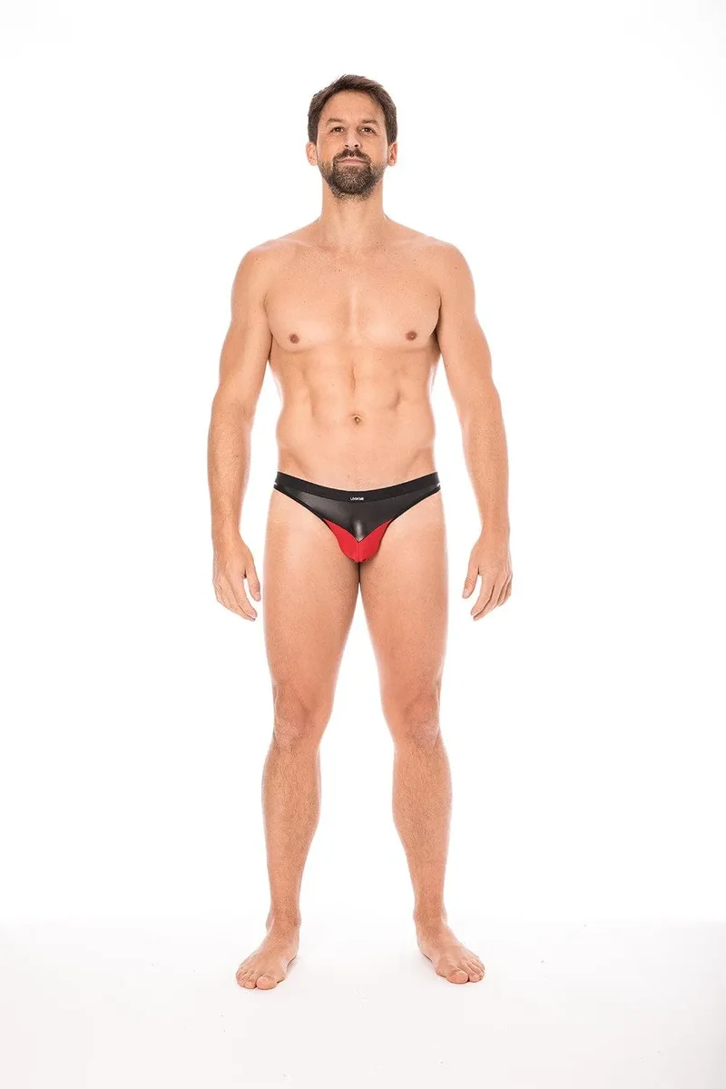 slip sexy homme tissu doux opaque très élastique pointe simili cuir arrière collection soleil noir confortable audacieux séduisant rouge
