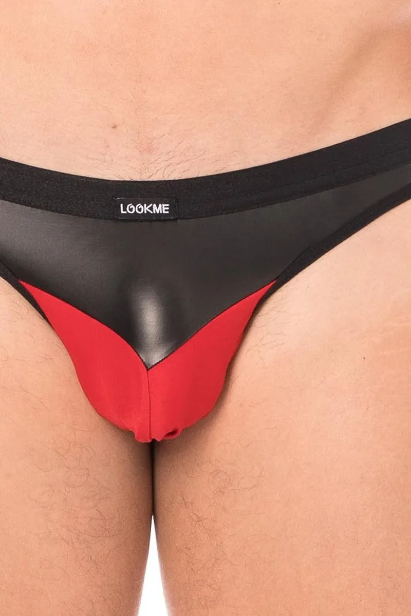 slip sexy homme tissu doux opaque très élastique pointe simili cuir arrière collection soleil noir confortable audacieux séduisant rouge