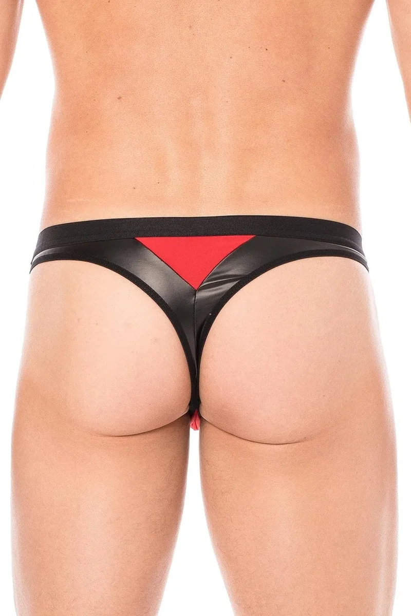 slip sexy homme tissu doux opaque très élastique pointe simili cuir arrière collection soleil noir confortable audacieux séduisant rouge