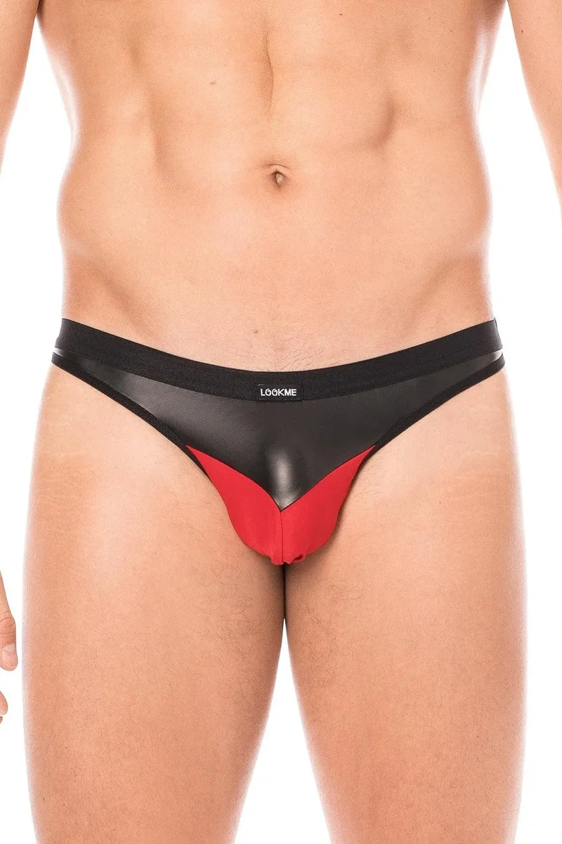 slip sexy homme tissu doux opaque très élastique pointe simili cuir arrière collection soleil noir confortable audacieux séduisant rouge