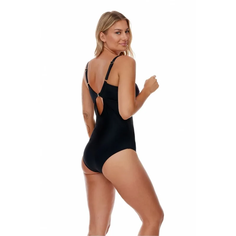 Maillot de bain une pièce model 179204 Lupo Line motif fleurs exotiques rayures grises noires soutien-gorge cousu bretelles réglables femmes formes généreuses plage piscine
