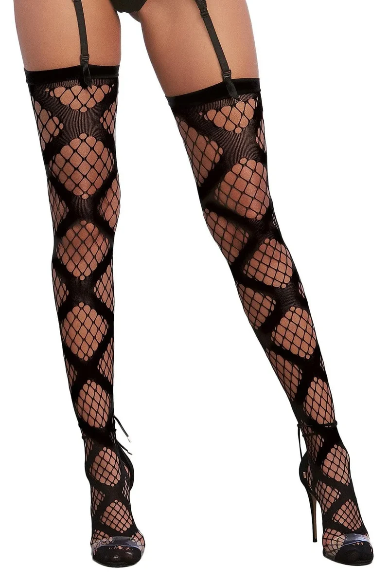 Bas Résille Sexy Séduisant Élégant Grande Maille Détails Croix Bande Unie Cuisses Maintien Extensible Nylon Élasthanne Portejarretelles Séparé Personnalisable Confort