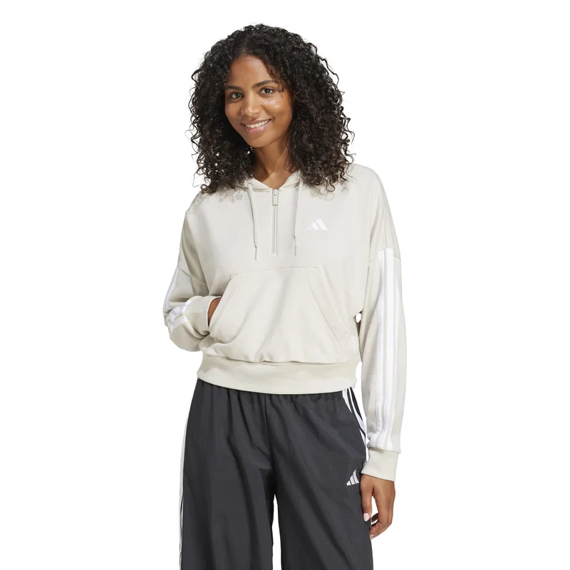 Felpa con cappuccio Essentials 3-Stripes French Terry Quarter-Zip - Beige / White