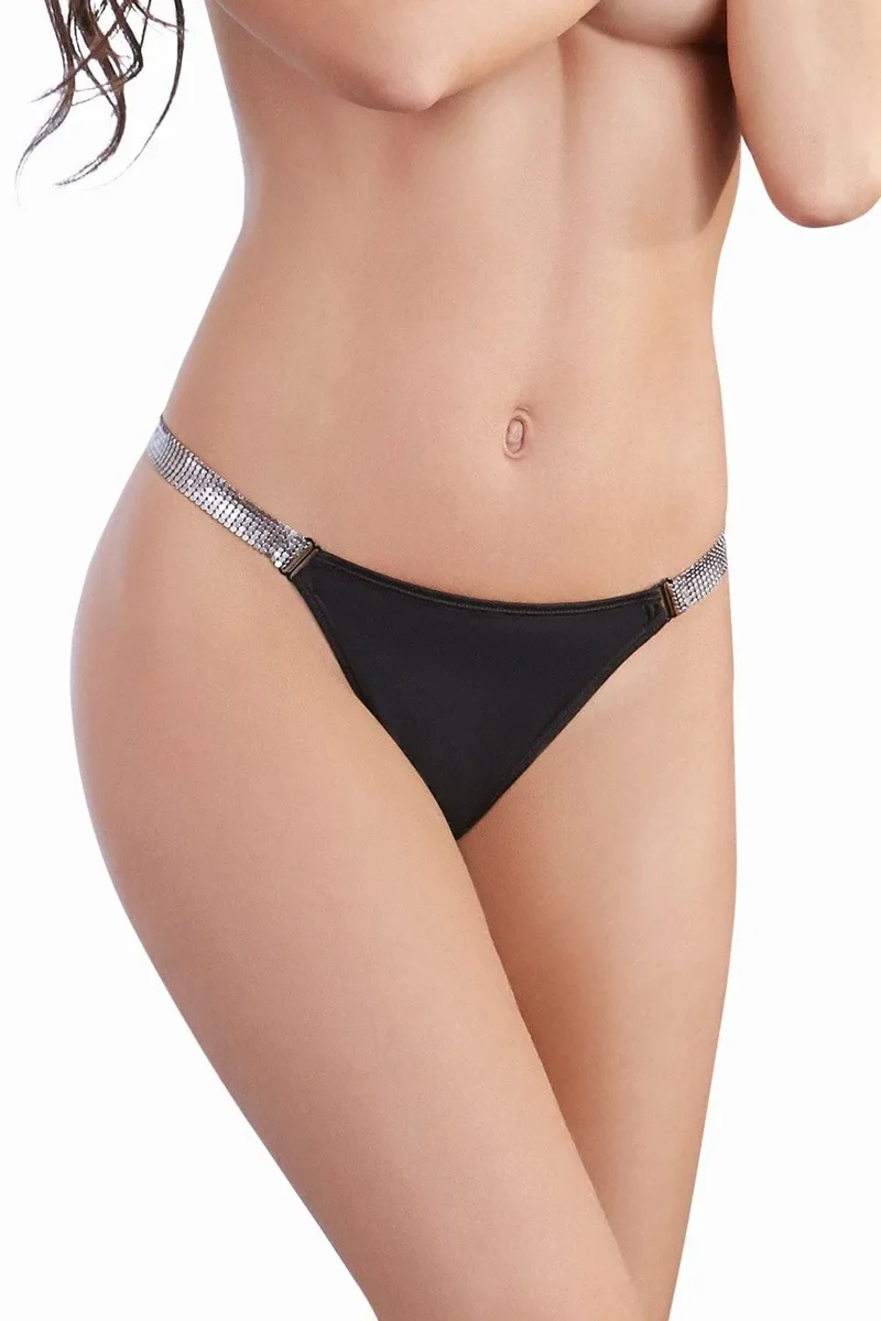string microfibre noir doux confortable extensible respirant polyester élasthanne élastiques brillants argentés ouverture sexy fessier élégant léger